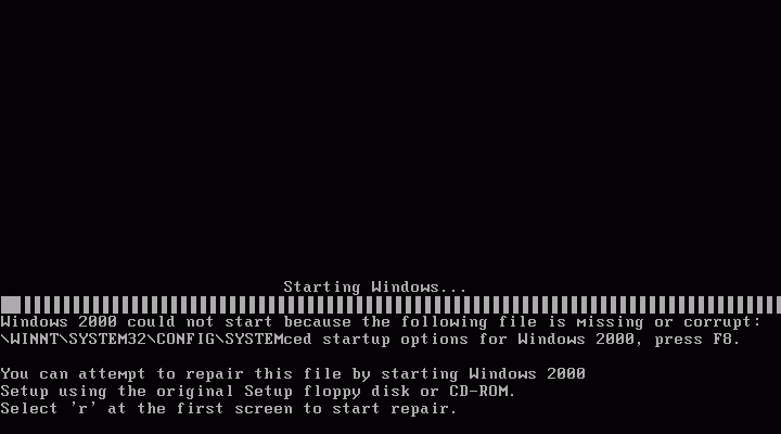 Black Screen во время загрузки файла реестра SYSTEM с поврежденным заголовком (Win2K Pro SP3)
