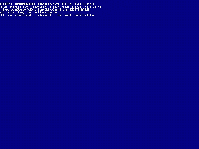 Blue Screen во время загрузки файла реестра SOFTWARE с поврежденным заголовком (Win2K Pro SP3)