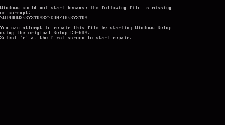 Black Screen во время загрузки поврежденного файла реестра SYSTEM с поврежденным журналом (WinXP Pro SP2)