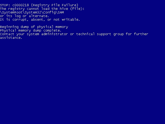 Blue Screen во время загрузки поврежденного файла реестра SAM при поврежденном журнале (WinXP Pro SP2)